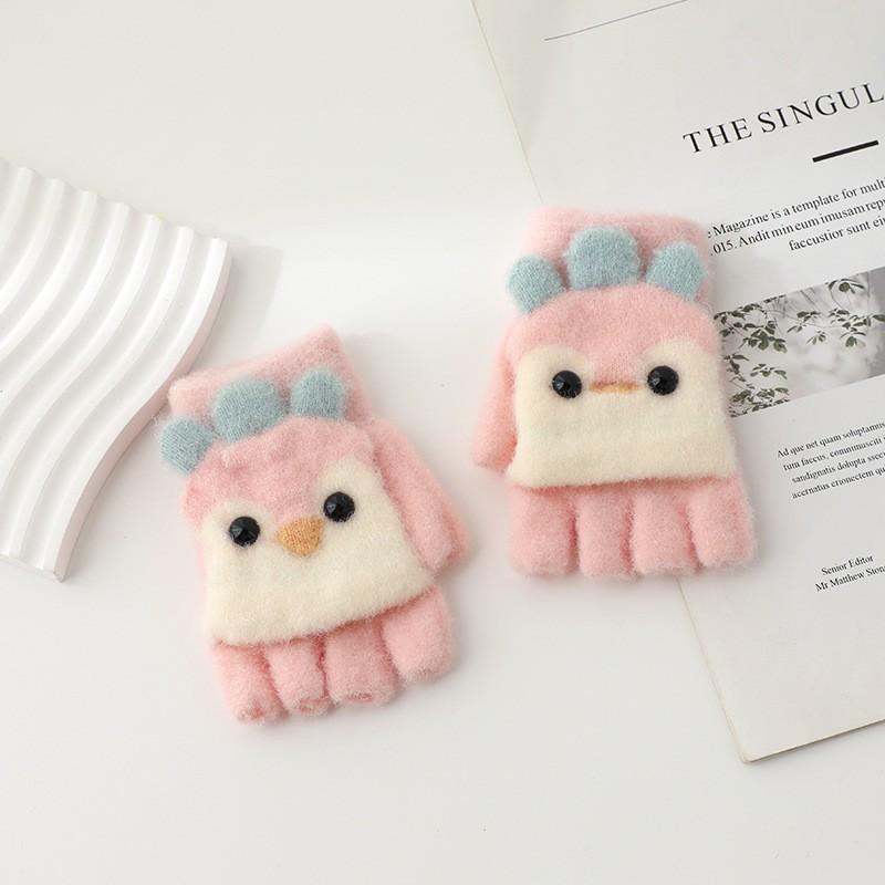 Half finger flip gloves children boys and girls cute cartoon plush warm and cold gloves children's gloves winter