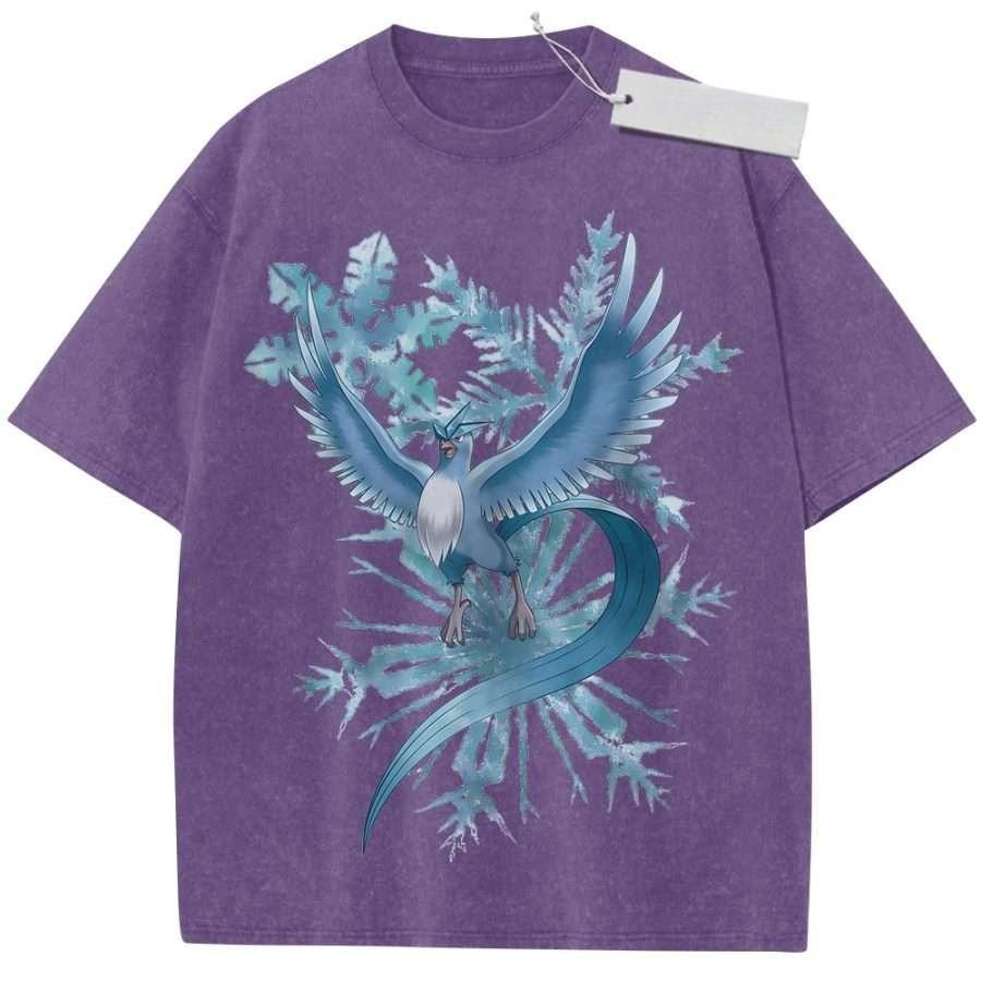Summer Mens Black Washed T  Shirt Pokemon Articuno Snowflake Ice Blue High  Quality Fabric for Casual Shopping