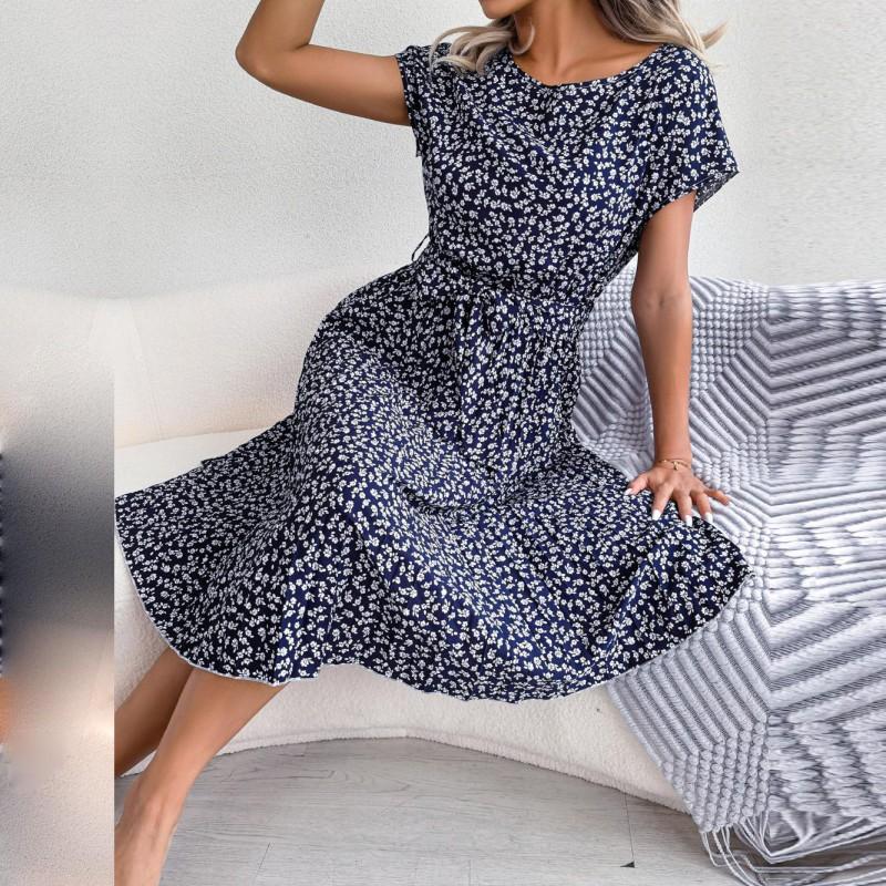 Abito Maxi da Donna con Stampa Floreale Manica Corta Pieghettato Vita Alta Linea ad A Casual Boho Chic Taglie Forti dalla S alla XL