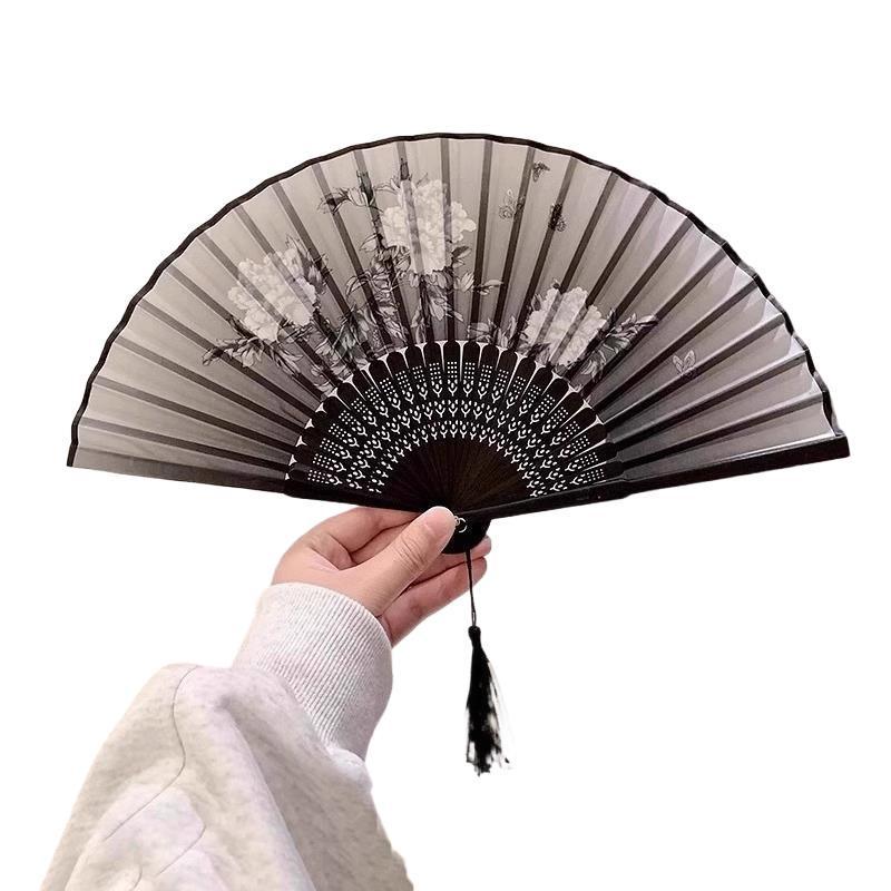 Ancient Chinese Style Black Bamboo Folding Fan for Women's Hanfu Dance Costume