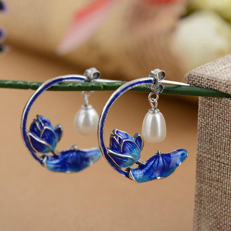 Three-Dimensional Craft Carving Lotus Pearl Earrings Chinese Style Retro Unique Light Luxury Female Jewelry