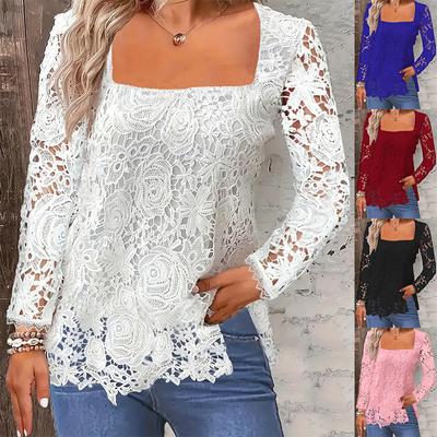 2024 Summer Girls Chic Sexy Square Neck Lace Sleeve Edge Women Outwear Hollow Out Short Sleeve Blouses Vacation Shirts