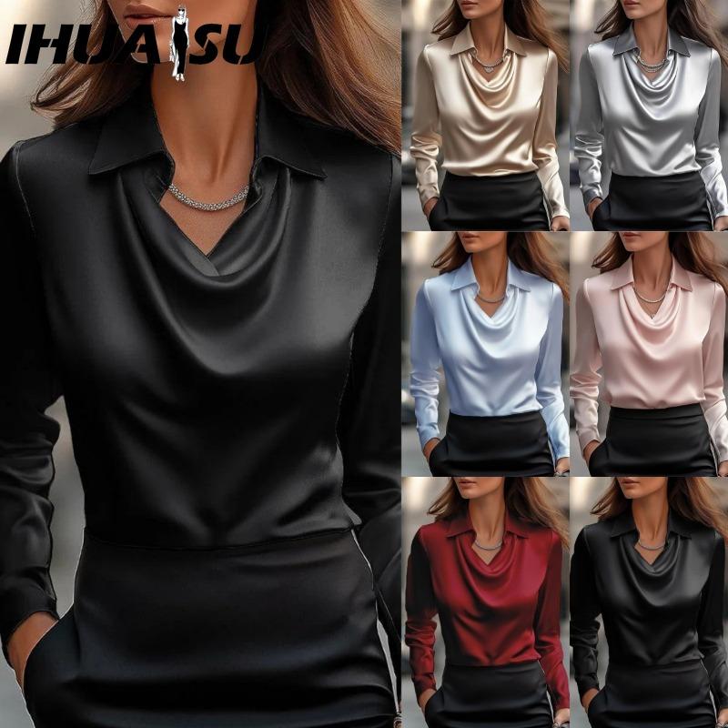 IHUASU Dámské Módní Ležérní Jednobarevné Tištěné Dlouhý Rukáv POLO Límec Halenky & Košile