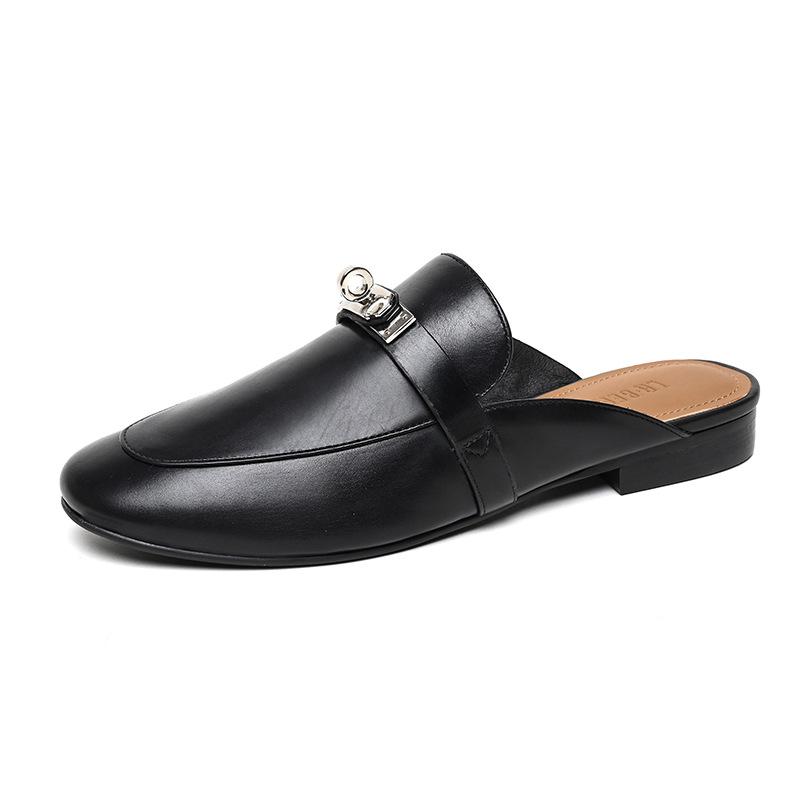 

Приходите к картинке и образцу сандалий из коровьей кожи, женские с круглым носком, на плоском каблуке, кожаные, женские туфли, сумка-голова, полушлепанцы, версия от кутюр 39 чёрный