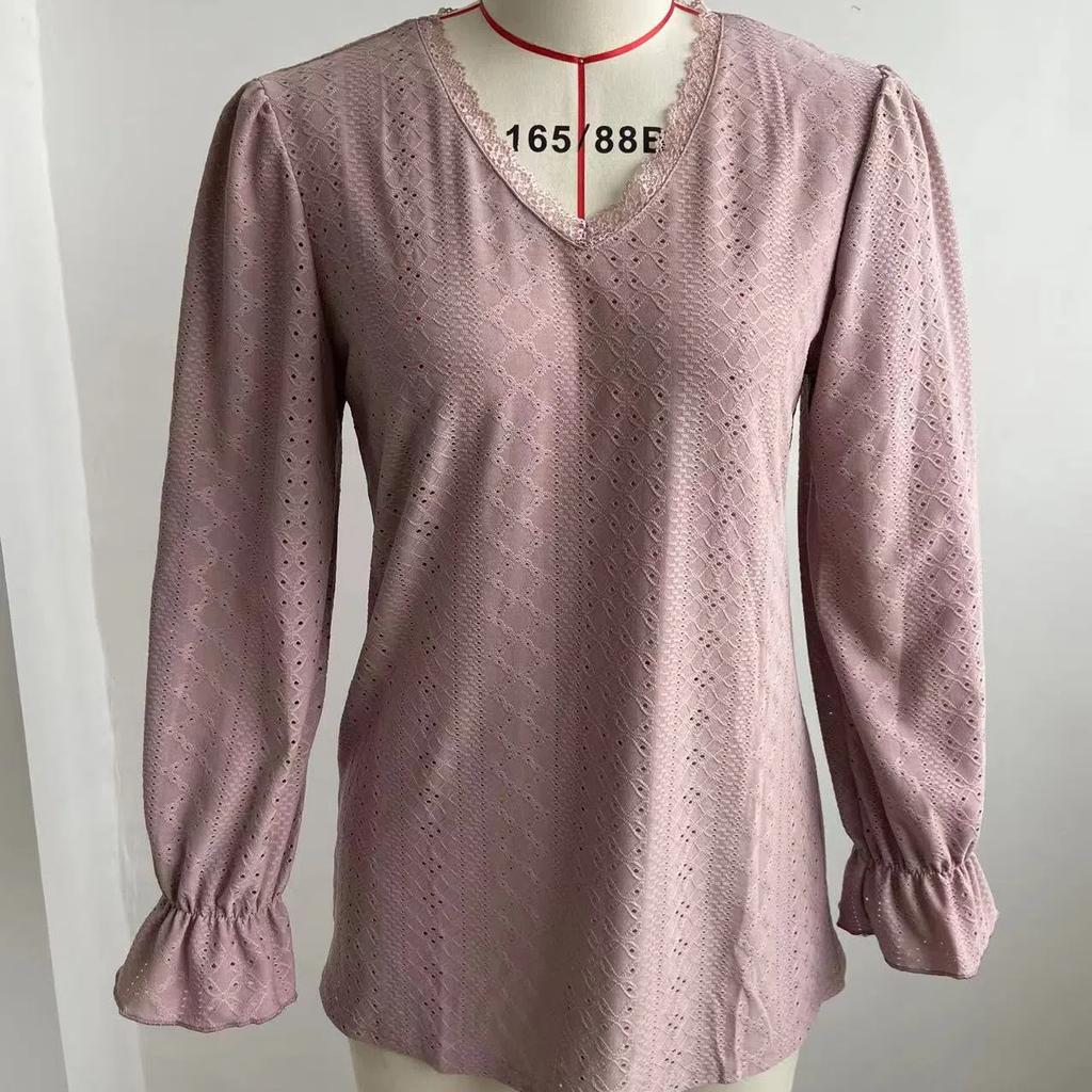 Women's Lace V Neck Puff Long Sleeve Eyelet Tops Dressy Business Casual Work Shirts Blouses Crochet Hollow Out Blouse Lace Pullover Top S-XXL