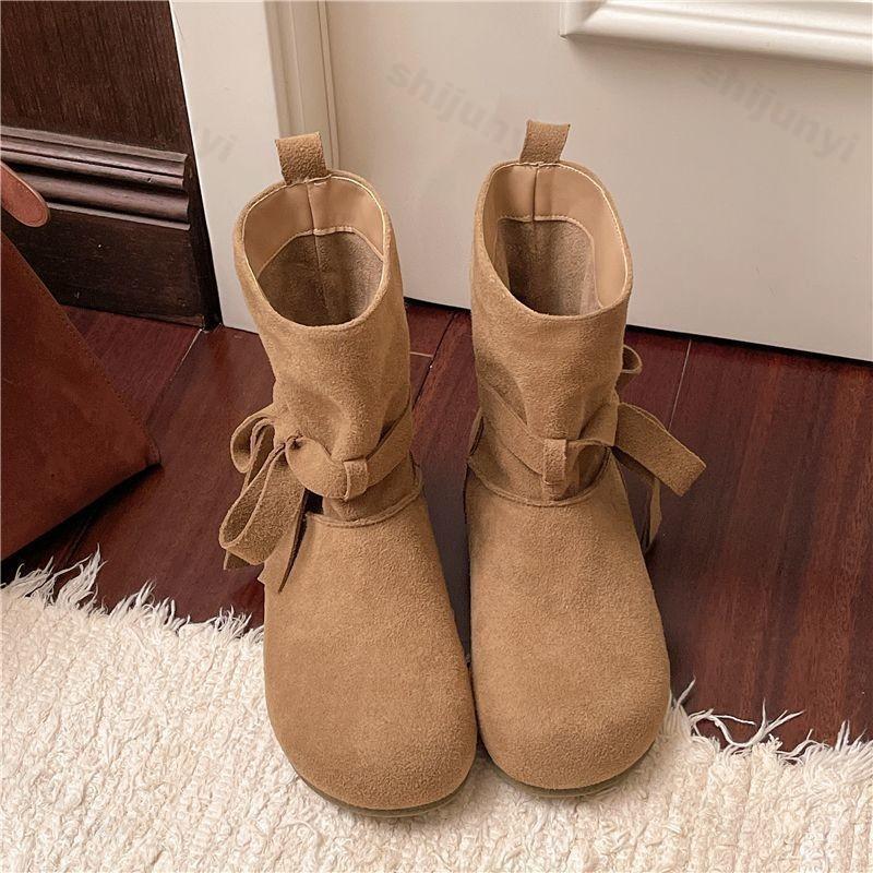 Women Suede Short Boots  Autumn Winter New Vintage Lace Up Bow Knot Fashion Boots Comfortable Outdoor Non Slip Casual Flats