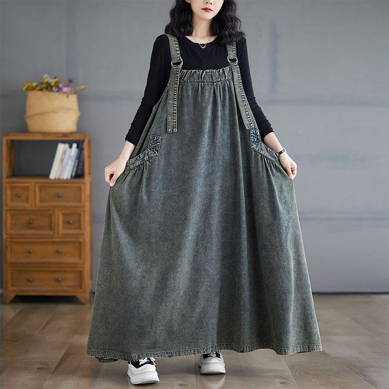Korean Style Spring Autumn Winter Women Midi Dress Plus Size Suspender Brown Blue Green Casual Loose Sleeveless Dress Stylish Baggy Denim Dress