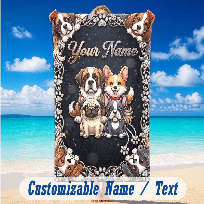 Dog Theme Beach Towel Personalized Custom Name & Text Soft Quick Dry Beach Towel for Swimming Travel