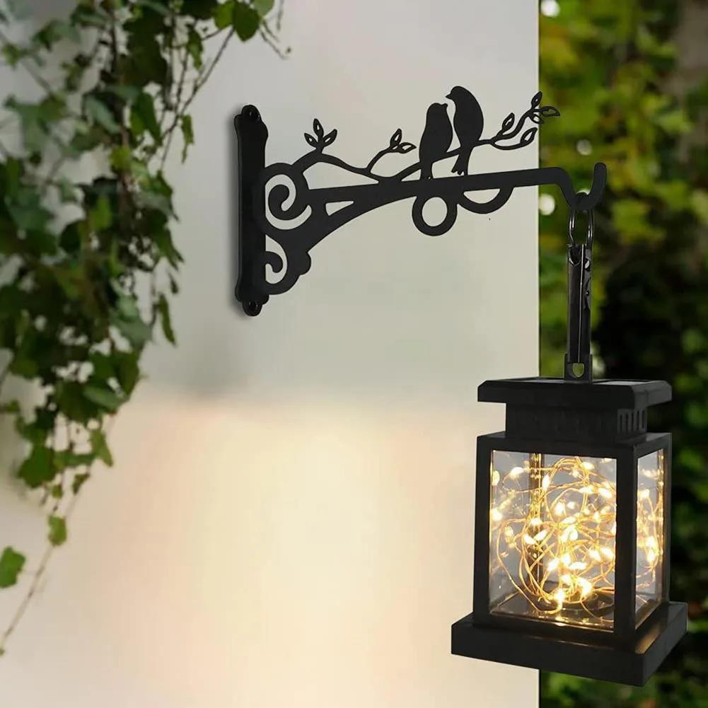 Bird Pattern Flower Basket Holder Wall Mounted Metal Bracket Hanger Rustic Style Wide Base for Outdoor Indoor Garden Yard Street