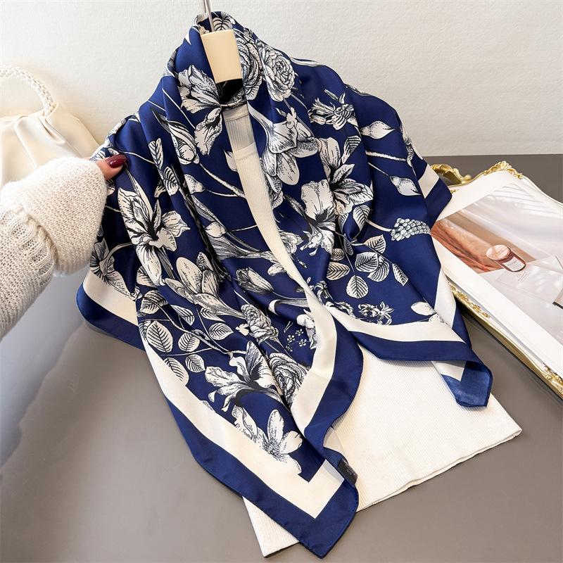 90Cm Floral Print Twill Silk Scarf Fashion Shawl Luxury Brand Square Scarf Women Hijab Bandana Foulard Neckerchief Head Scarves