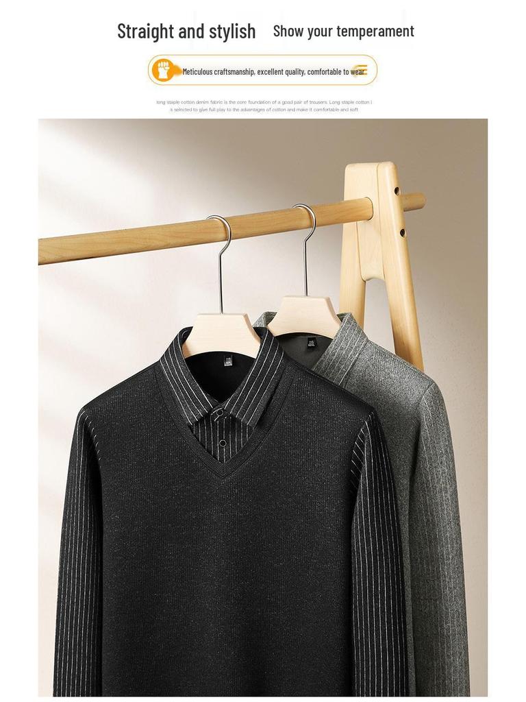 Fat Brother 2025 Men's Faux Two-Piece Long Sleeve Warm Sweater, Plus Size Loose Knitwear for Autumn/Winter