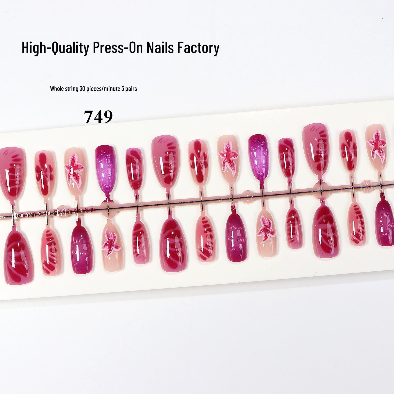 French Ice Translucent Cat Eye Nails - Stylish Purple Floral Manicure Tips Medium Set