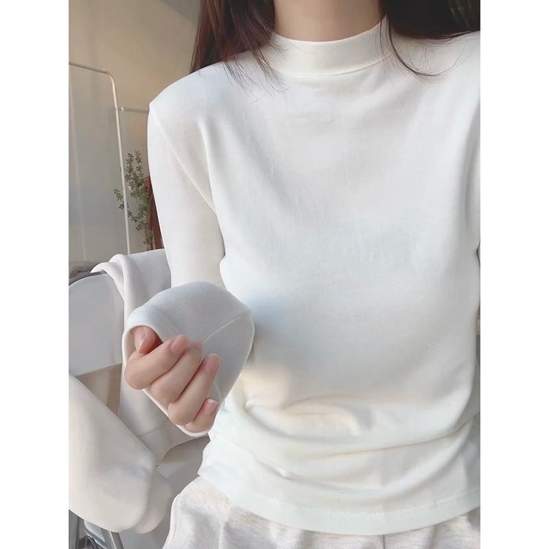 

Women s Brushed Thermal Base Layer Top - Small Stand Collar, Long Sleeve, Versatile Fit for Autumn/Winter Layering M белый