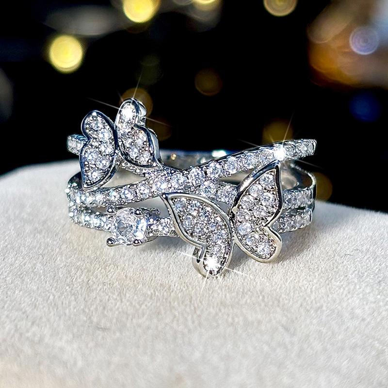 Huitan Romantic Rings with Double Butterfly Shiny Cubic Zirconia Finger Accessories Sweet Exquisite Graceful Jewelry for Wedding