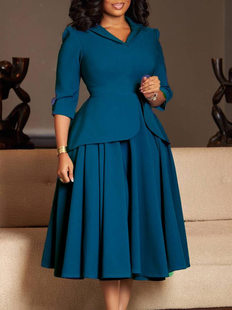 Women's Autumn Fashion Plus Size Dress with Blazer Collar, Solid Color A-Line Maxi Dress for African Women