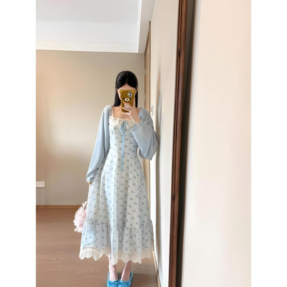 Women's summer new blue vacation lace versatile waist dress floral suspender dress