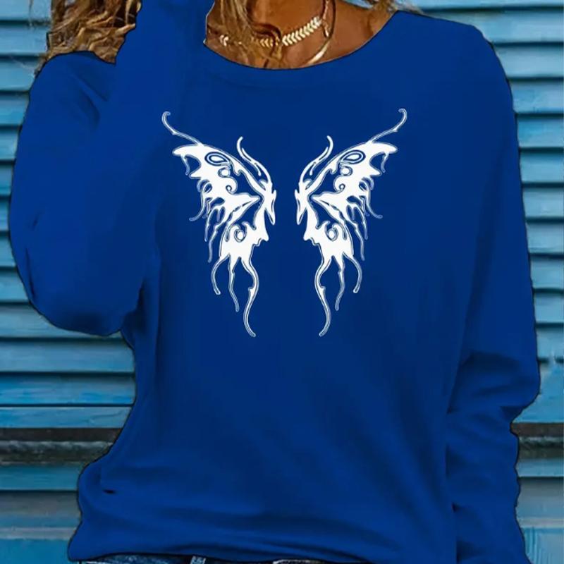 Tops For Women Butterfly Wings Print Round Neck Long Sleeve T-shirt Fall Casual Slim Pullover Women's Long Sleeve Top
