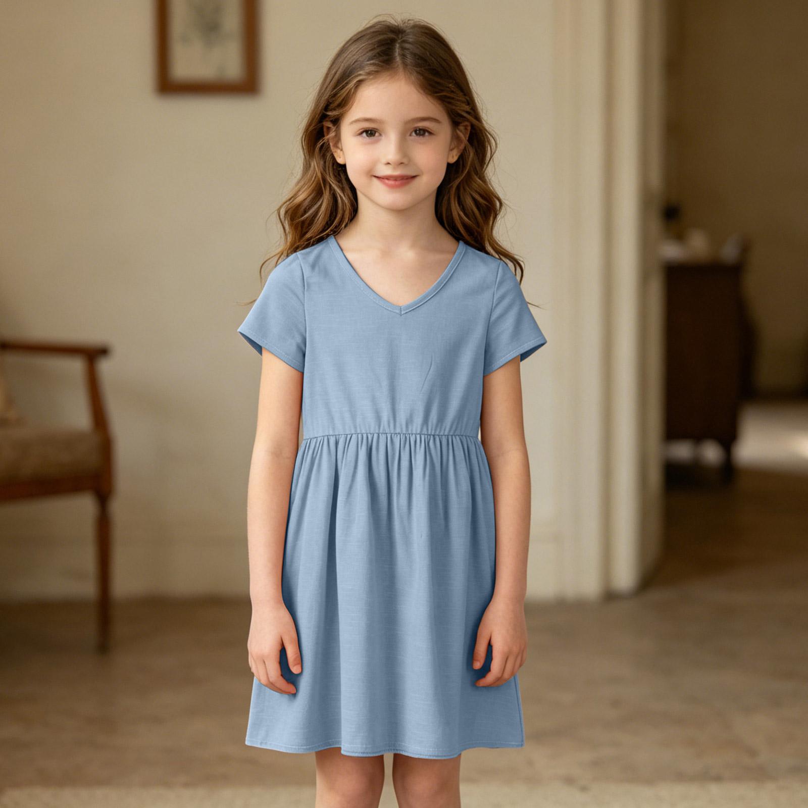 

Girls Short Sleeve V Neck Casual Dress with Elastic Waist Soft Cotton Fabric for Daily Wear School Outfits Playwear 130