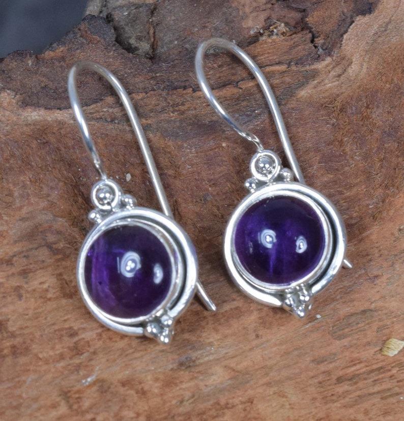 Amethyst Gemstone 925 Silver Round Earrings Boho Earrings Bezel Earrings Gift For Her Statement Earrings