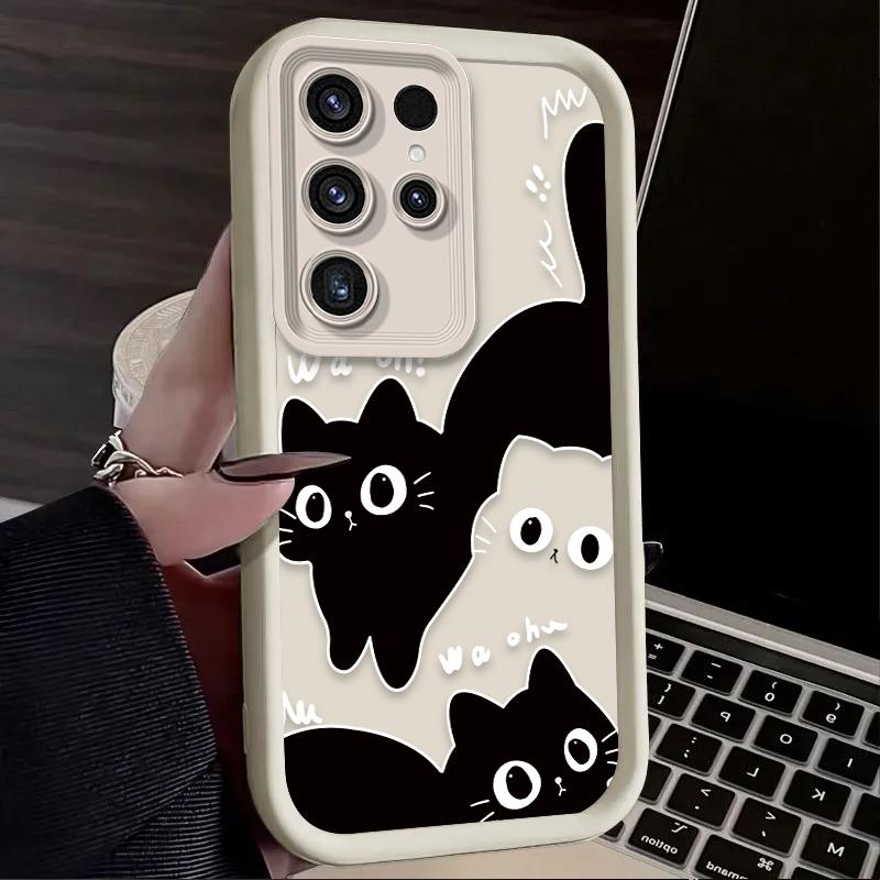 Cute Big Eyed Black Cat Phone Case for Samsung Galaxy S24 S25 S23 Ultra S22 S21 Plus FE A36 A56 A26 A16 A06 A15 A25 A35 A55 5G