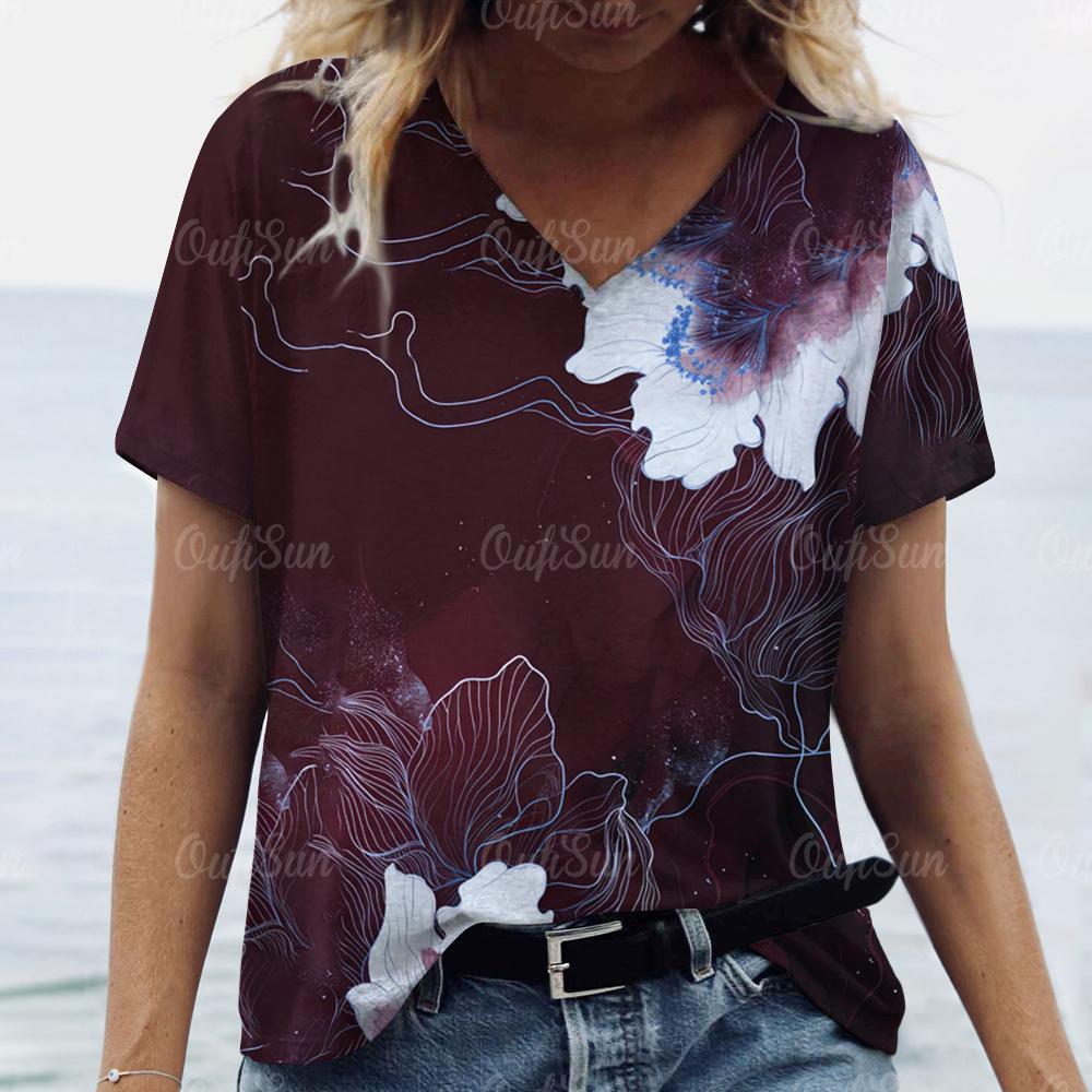 2024 Luxus Damen T-Shirt 3D Blumen- und Grasdruck Übergröße Damen Trend Kleidung Mode Kurzarmshirt Damen V-Ausschnitt Top