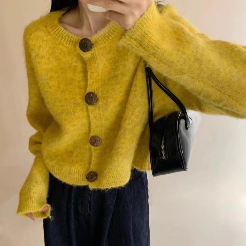 Women's Fluffy Knit French Cardigan: Short Round Neck, Loose Fit, New for Autumn/Winter 2026