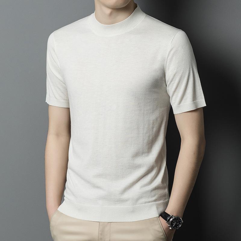 Jarní nový styl vlněný svetr pro muže středního věku tenký s kulatým výstřihem ležérní svetr s krátkým rukávem pánské oblečení