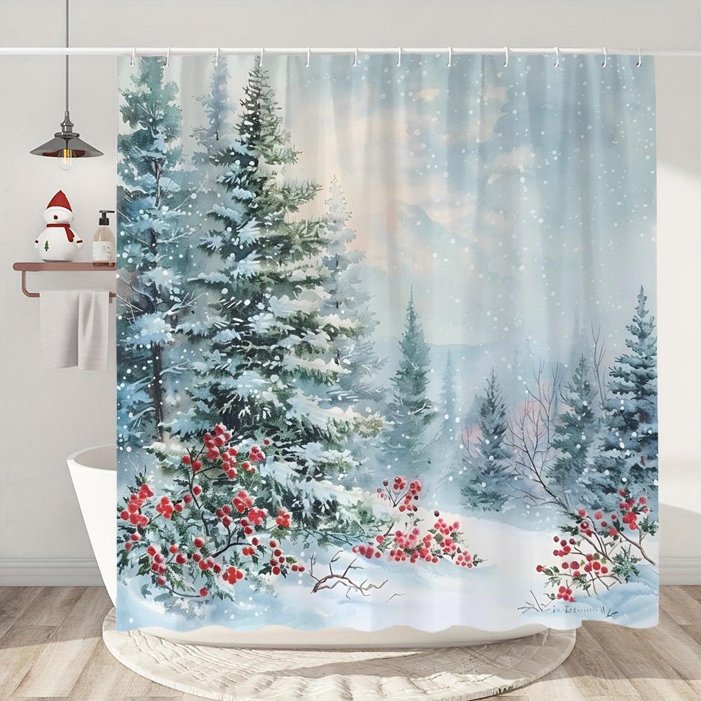 Snowman Christmas Shower Curtain Christmas Tree Gifts Red Bird Winter Snow Fabric Printed Bath Curtain Bathroom Decor With Hooks