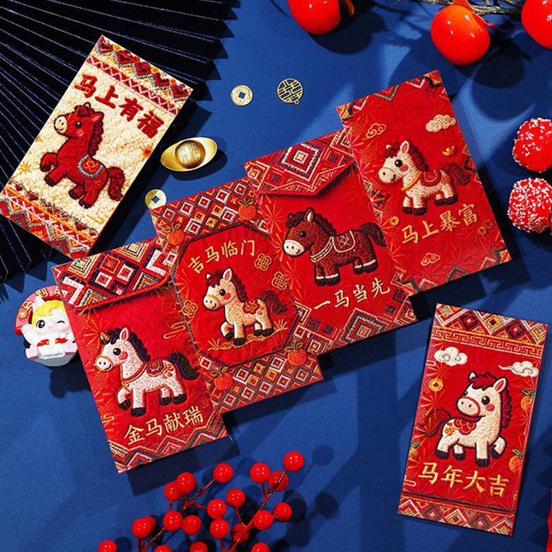 6 Pcs New Year Red Envelope 2026 Chinese Spring Festival Hongbao Traditional Lucky Money Packets Horse Year Money Pouch Decor