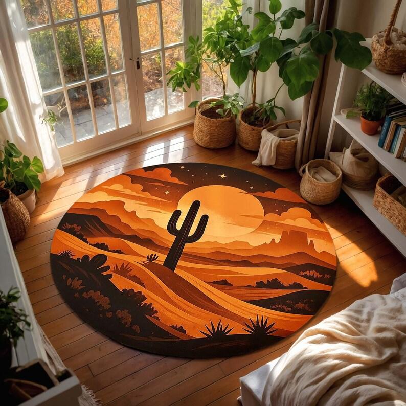 Wüstenlandschaft Runder Teppich Boho Heimdekoration Rutschfester Teppich Kaktus Sonnenuntergang Design Retro Westliches Rundes Matten für Wohnzimmer