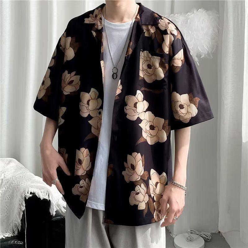 Straight Streetwear Fashion Casual Shirts Turn-down Collar Man Short Sleeve Button Printing Spring Summer Thin Men's Clothing