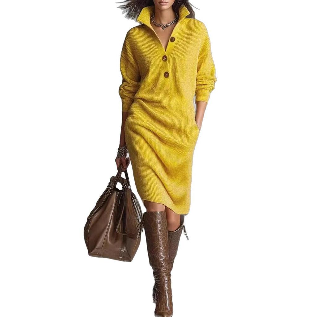 Women's Retro Knit Over-the-Knee Sweater Dress - Long, Loose, Pure Color Skirt, Autumn Winter Collection
