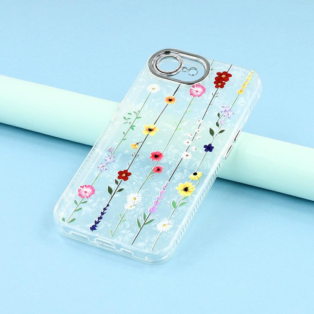 Für iPhone 16e Hülle Galvanisiertes Blumenmuster IMD TPU+PC Handy-Rückseite mit Glaslinsenfolie