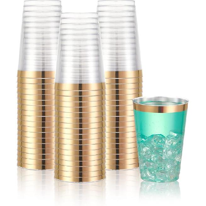 N9R 72 Pack Gold Plastic Cups, 12OZ Clear Plastic Cups with Gold Rim, Disposable Cups Perfect for Parties, Wedding and Birthday Gold-72 pack