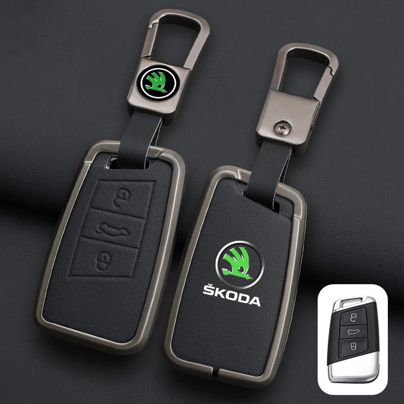 AFK1 Leather Car Remote Key Case Full Cover Protector Holder Shell Fob For Skoda Superb A7 Kodiaq Octavia A7 A8 Keychain Accessories
