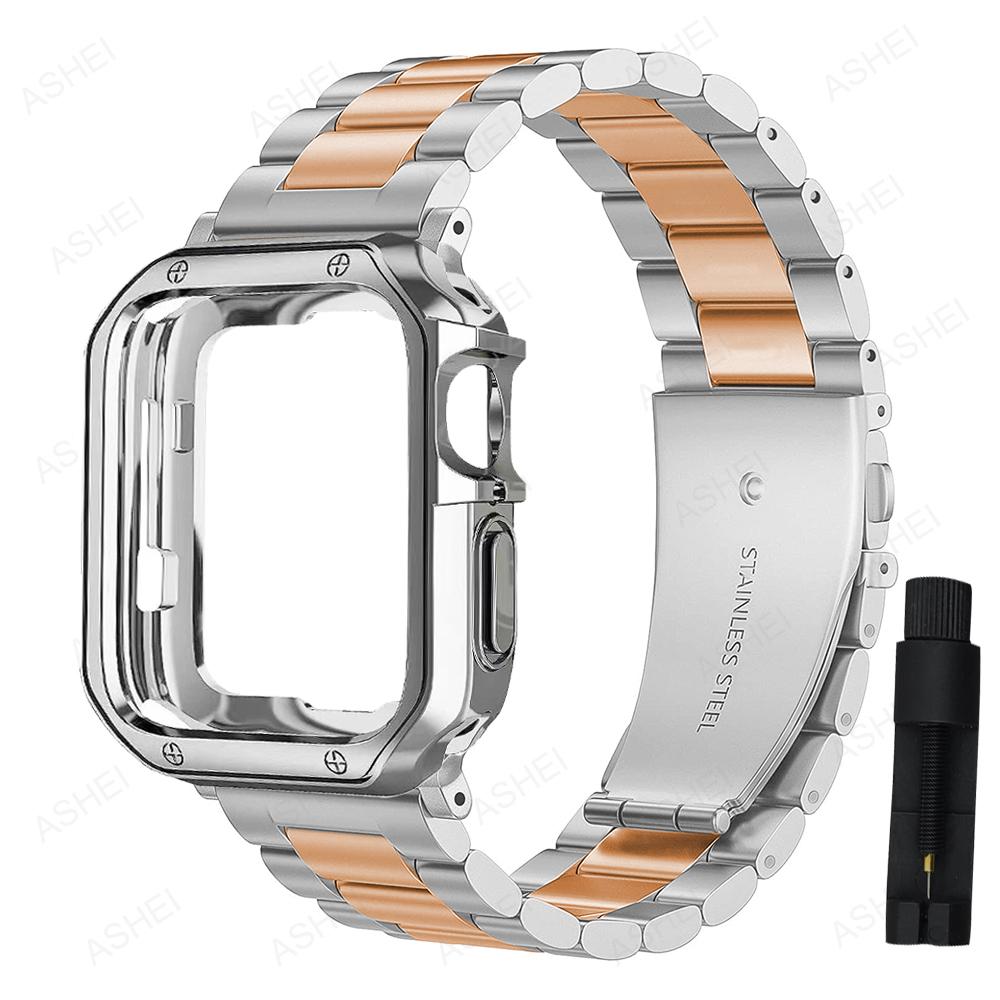 

Металлический ремешок + чехол из ТПУ для Apple Watch Band 44/40/45/41 мм 42 мм 38 мм Браслет из нержавеющей стали для серии IWatch 765432SE 8 Ultra 49 мм Защитный чехол iwatch 456se 44mm