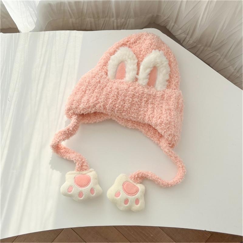 Autumn Winter Warm Hat with Earflap and Chin Strap Ties Cute Cartoon Beanie Cap Soft Bonnet Warm Headwear for Kids