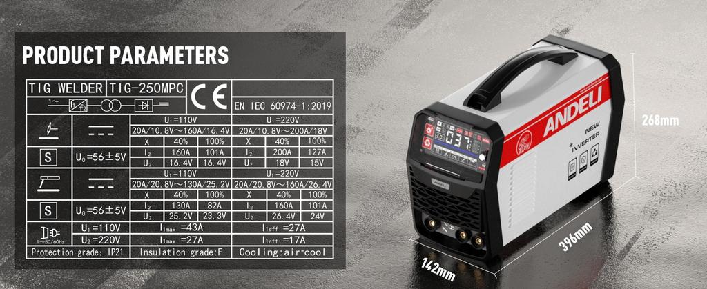 Spawarka ANDELI TIG-250MPC PRO Puls TIG (TIG/MMA/CLEAN, Inwertor DC, 100V/200V, 200A, Ekran LED)