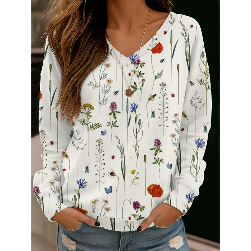 2025 New Women's Casual V-neck Long-sleeved Pullover Digital Printed Sweatshirt