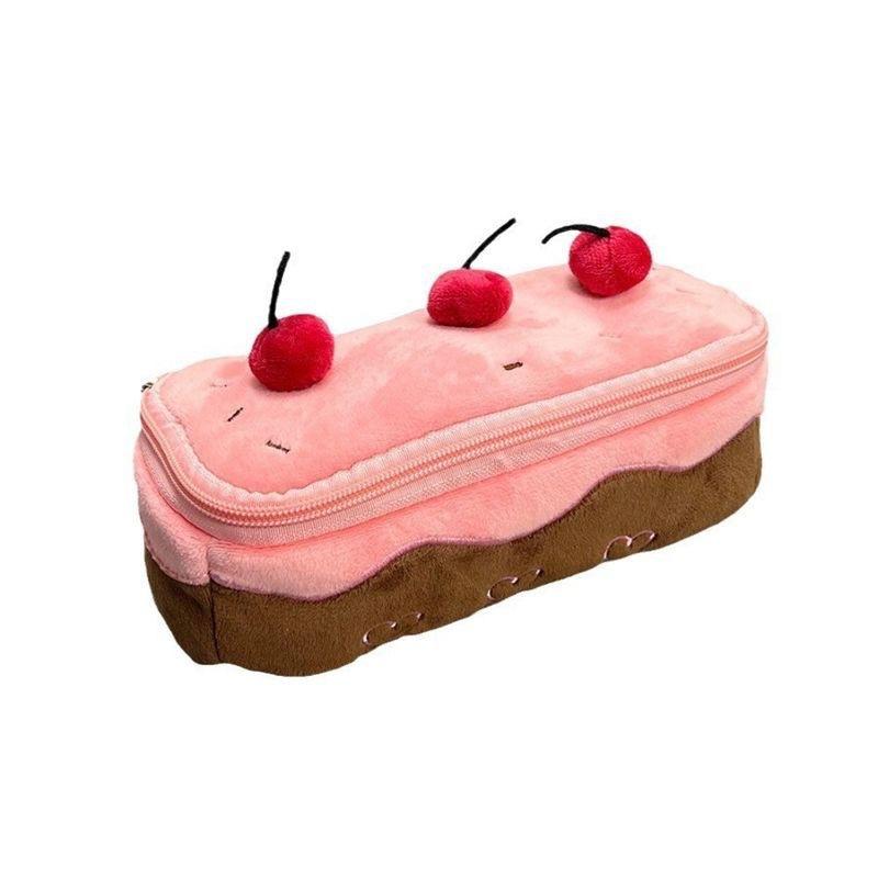 1 Piece Kawaii Schoolgirl Pencil Case Cute Cherry Cake Dessert Stationery Organizer Bag Portable Large Capacity Furry Pen Holder