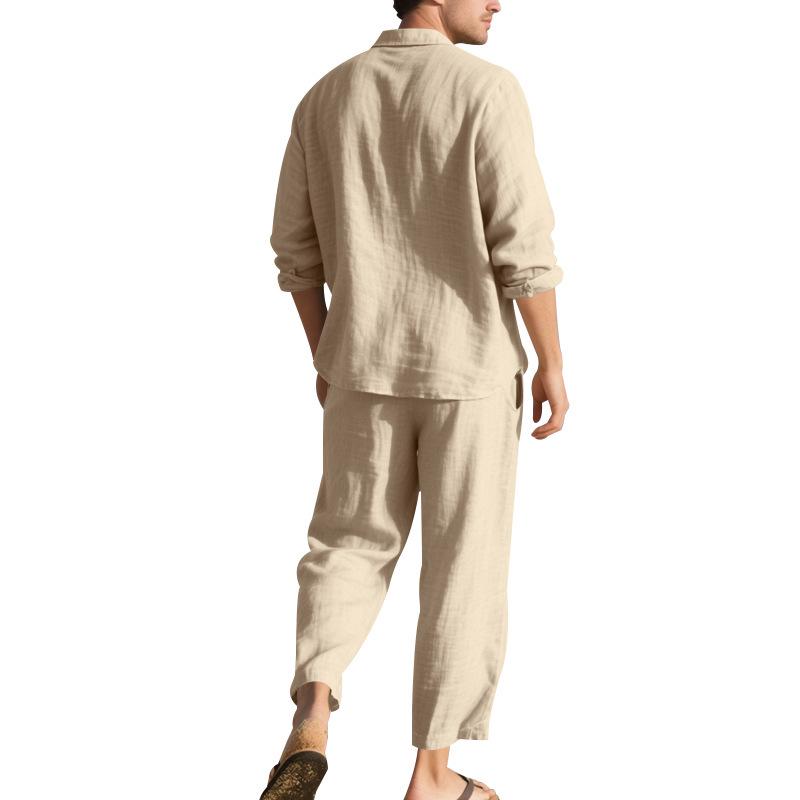 European & American Men's Breathable Cotton Linen Long Sleeve Shirt & Trousers Set