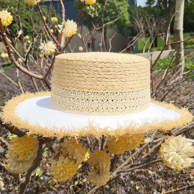 Korean Version Of Japanese Raffia Splicing White Flat Top Top Top Hat Women'S Summer Sunshade Sunscreen Vacation Beach Straw Hat Leisure