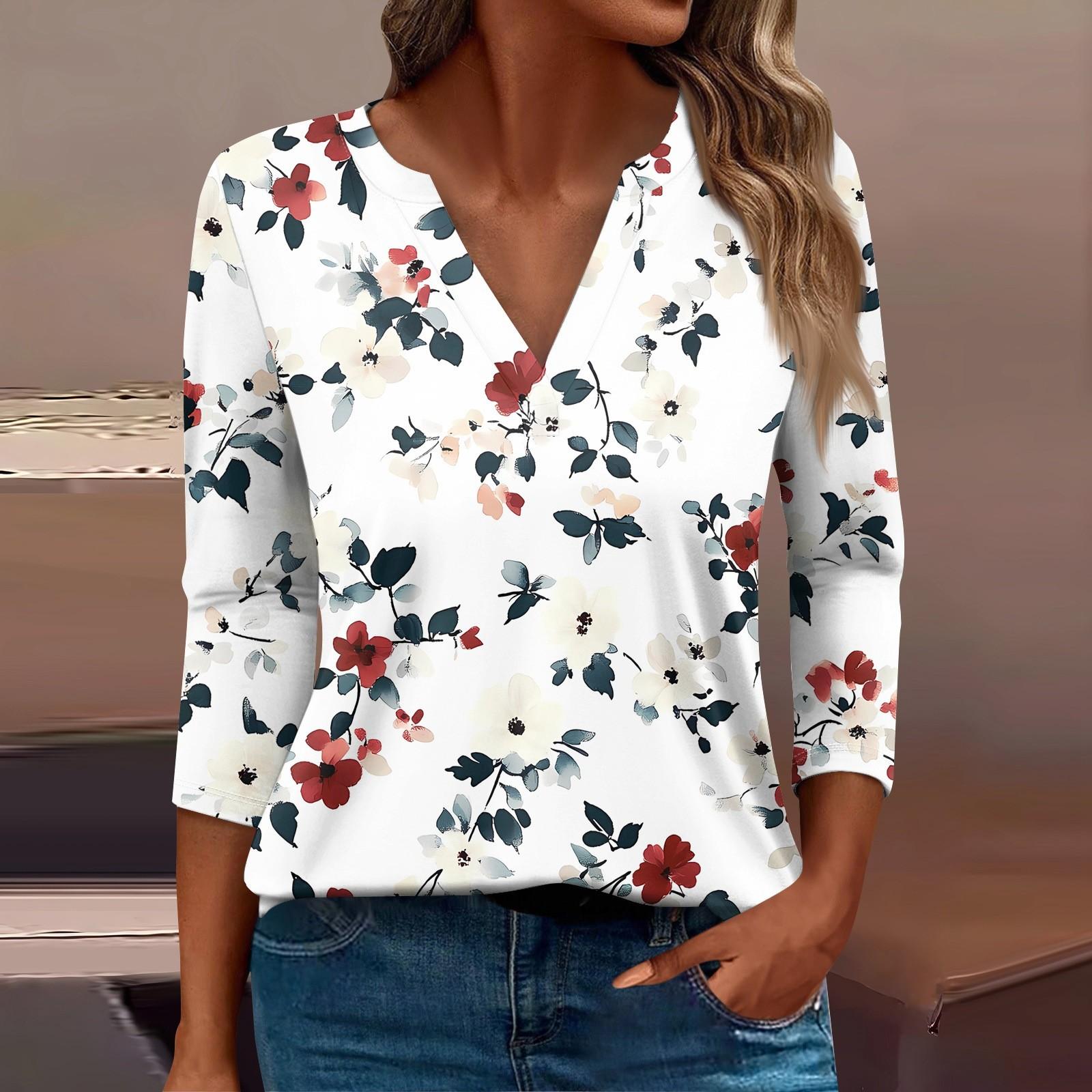 

Женская футболка Футболка с принтом Рукав 3/4 Повседневные Выходные Мода Базовый V-образный вырез Обычный топ XL белый