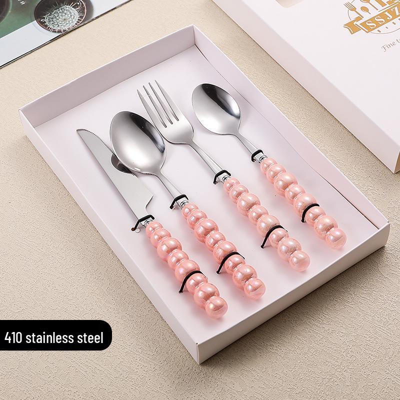 

Набір столових приборів з нержавіючої сталі 304 з креативними ручками під перли: Ніж для стейка, виделка та десертна ложка