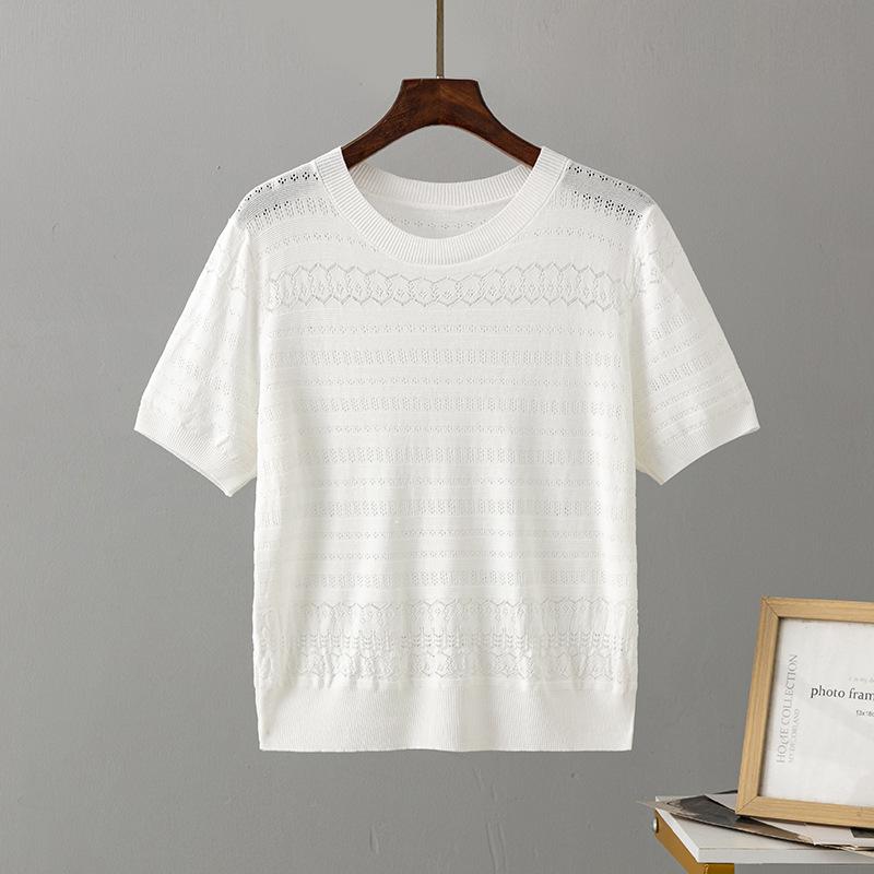 Tricou cu mânecă scurtă pentru femei, cu gât rotund, slăbit, stil la modă de vară, tricou casual confortabil, tricou tricotat, respirabil, cu design gol