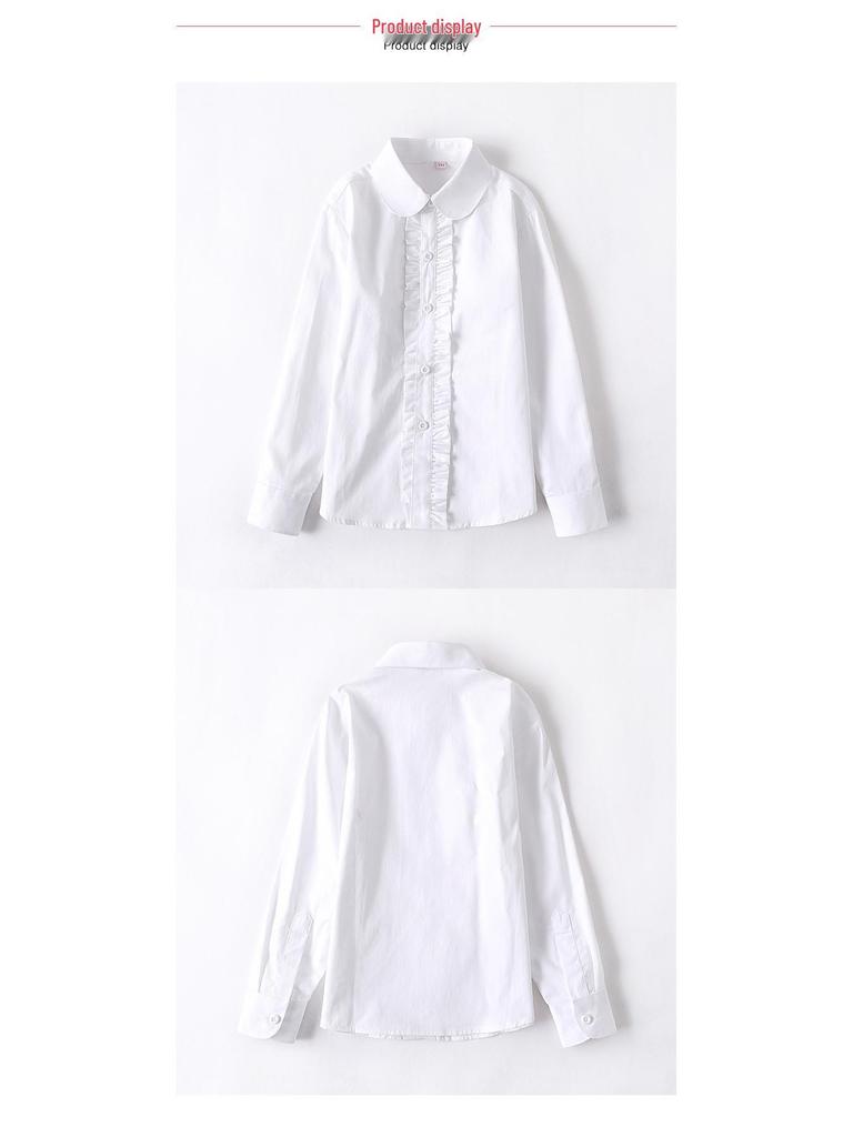 Girls' White Fleece-Lined Cotton Shirt: Long-Sleeved School Uniform for Elementary to Middle School.