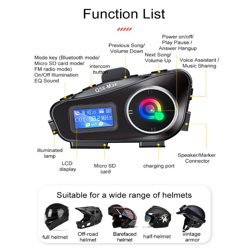 Motorcycle Intercom Helmet Headset BT5.3 500M Intercomunicador Moto FM Radio Music Share LCD Display Headphone For 2 Riders Q58-Max