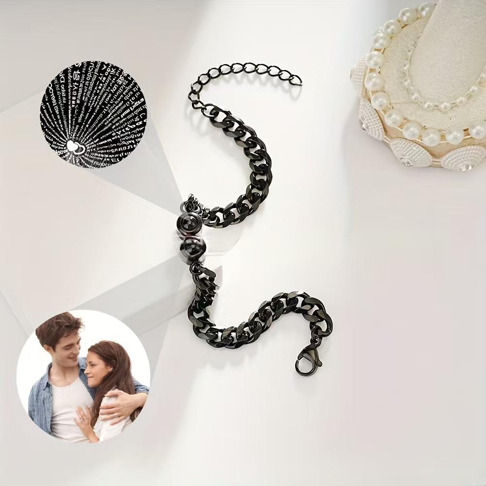 Custom 100 Languages 'I Love You' Projection Bracelet - Stainless Steel Cuban Chain Bangle for Men & Women