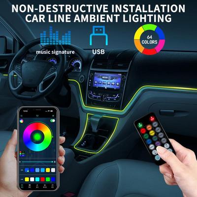 Barra de luz ambiente para carro, modos múltiplos, RGB, universal, LED, interior, faixa oculta, lâmpada de atmosfera