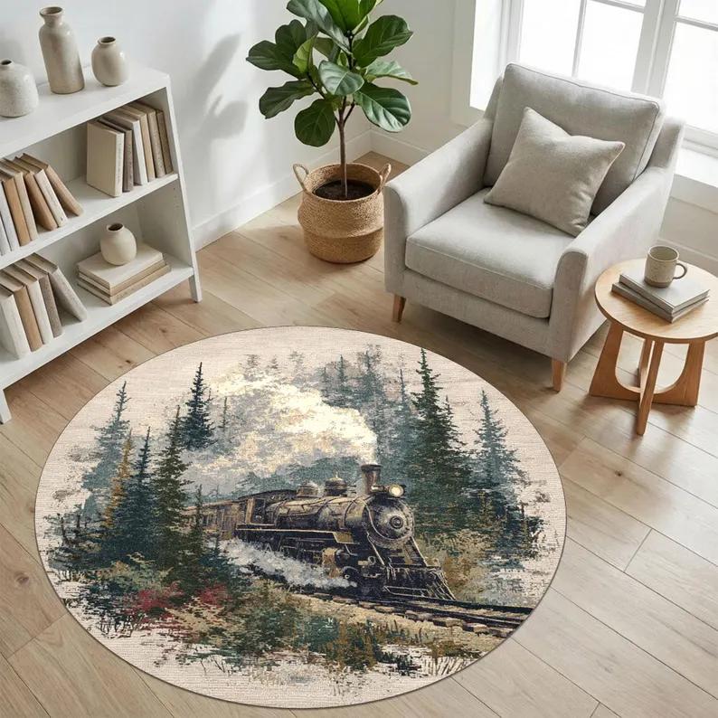 

Round Kids Train Rug, Nursery Playroom Decor Toddler Adventure Track Carpet Forest Railway Rug Cute Baby Room Rug Non-Slip Mat 60cmx60cm